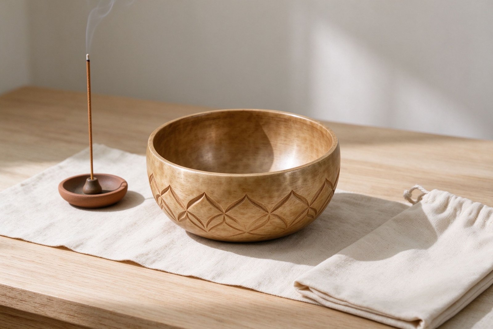 Singing bowl, clay incense holder and linen pouch