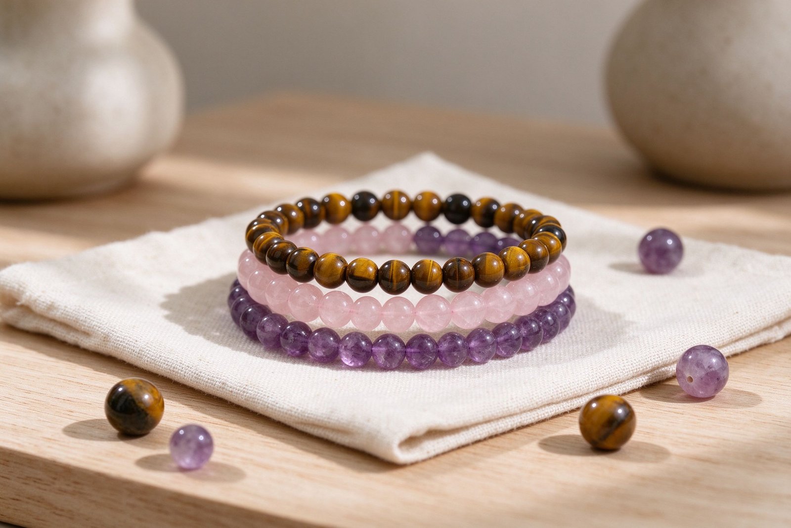 Crystal stacking bracelets in tiger eye, rose quartz and amethyst