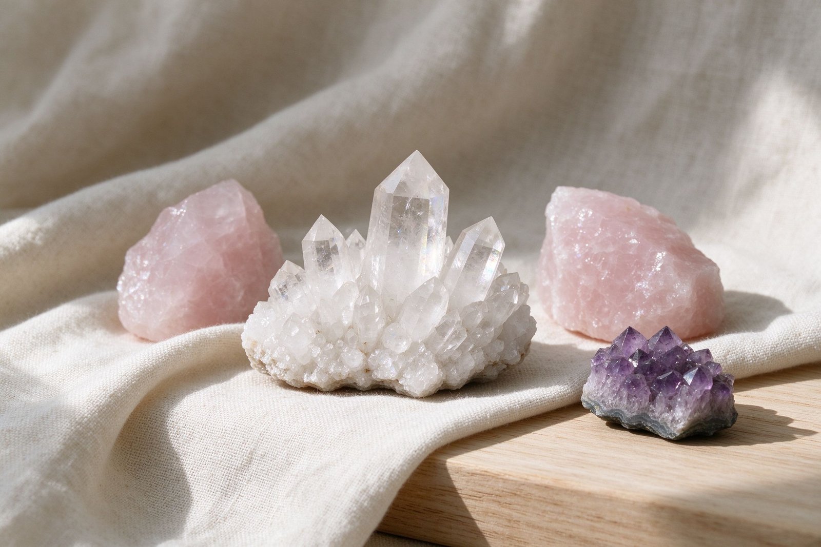 Natural crystals — white quartz cluster, rose and amethyst