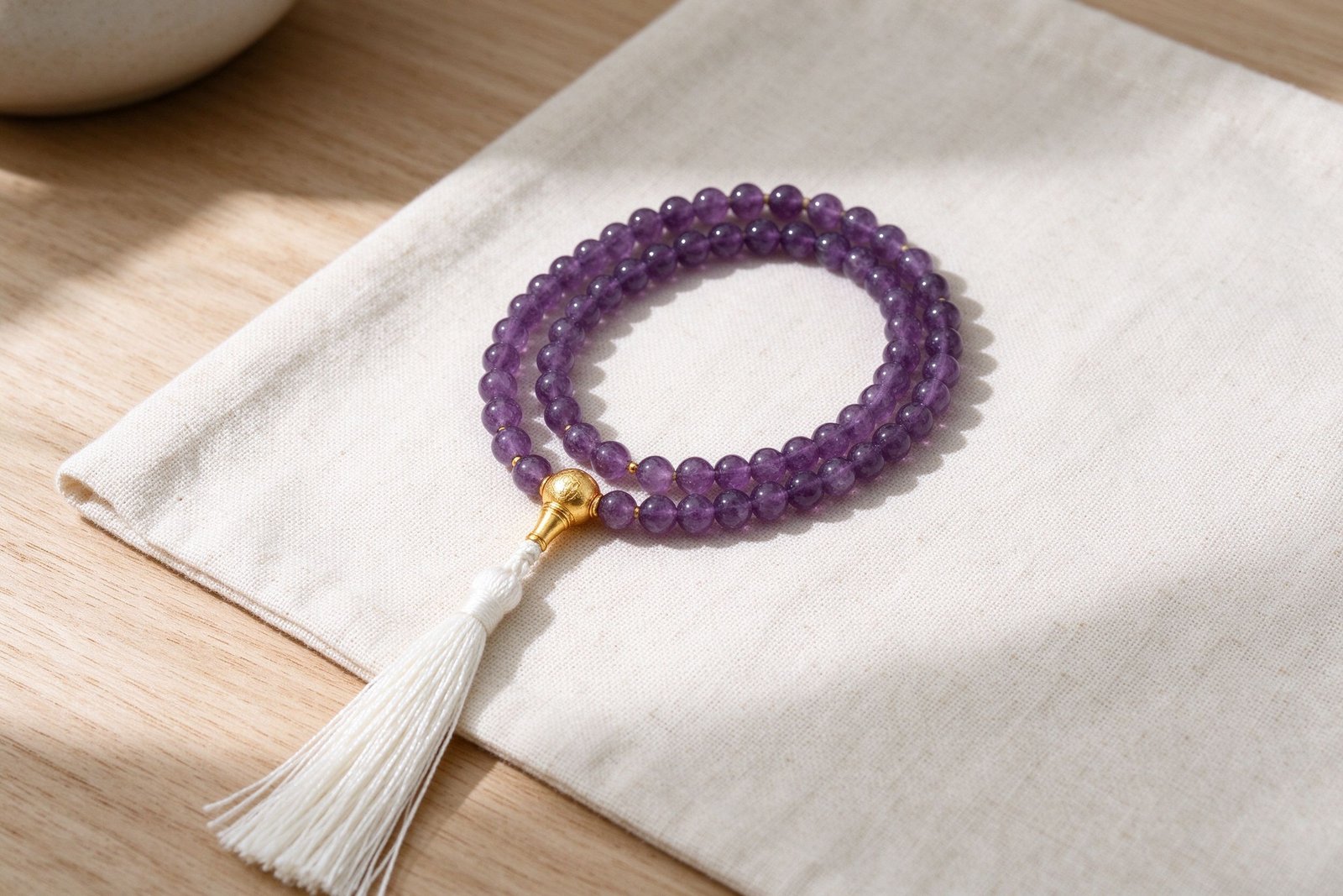 Amethyst 108 mala beads with gold guru bead and tassel