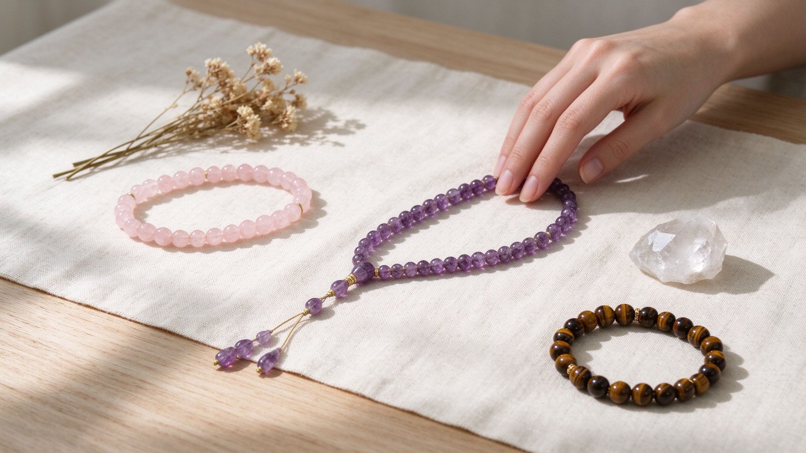 Hand-strung amethyst mala beads and crystal bracelets on natural linen