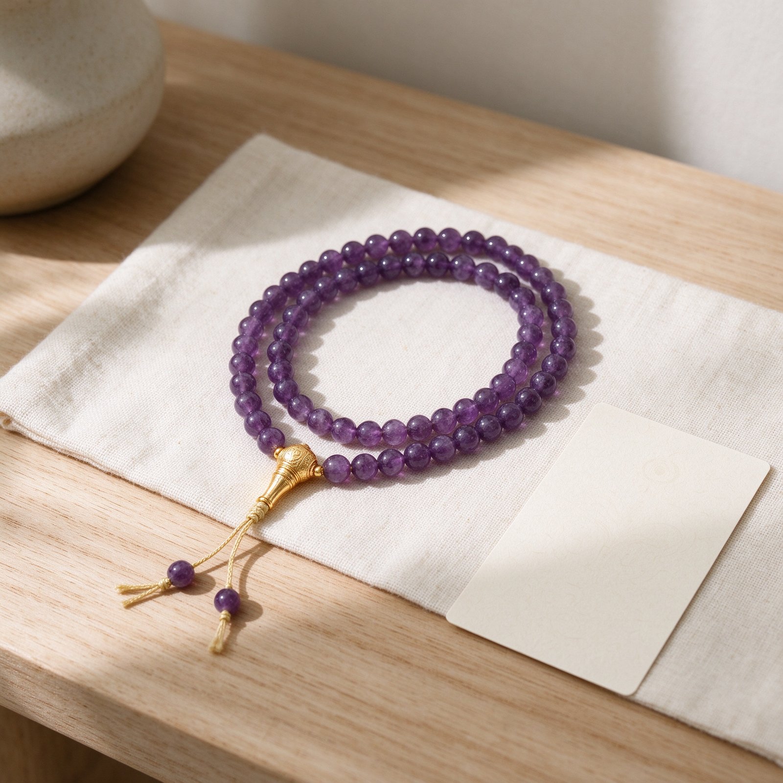 Amethyst 108 mala beads with gold guru bead